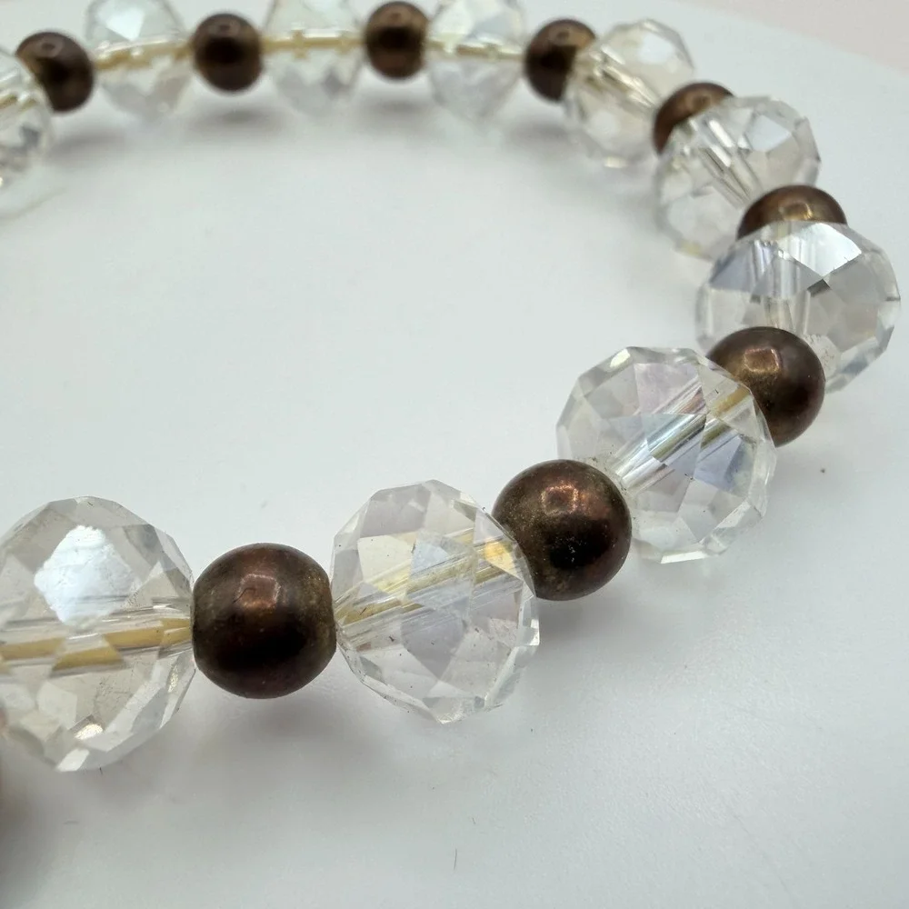 Vintage 80s Clear Beaded Stretch Bracelet Bronze Saint Medal Charm Retro Jewelry